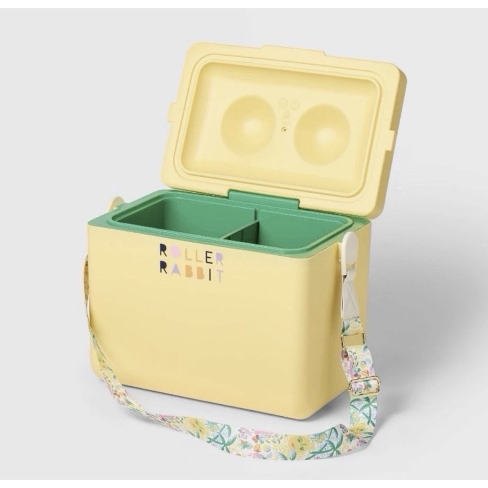 Roller Rabbit Yellow Cooler Box Floral Strap Divided Green Interior ON HAND!